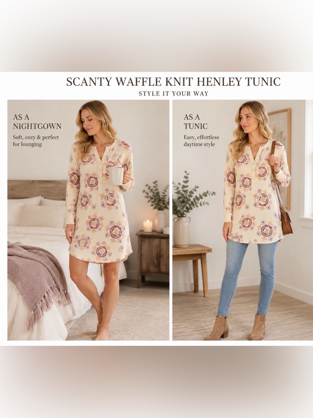 Scanty Waffle Knit Henley Nightgown Good Karma Deity Lotus Y2K Long Sleeve Tunic
